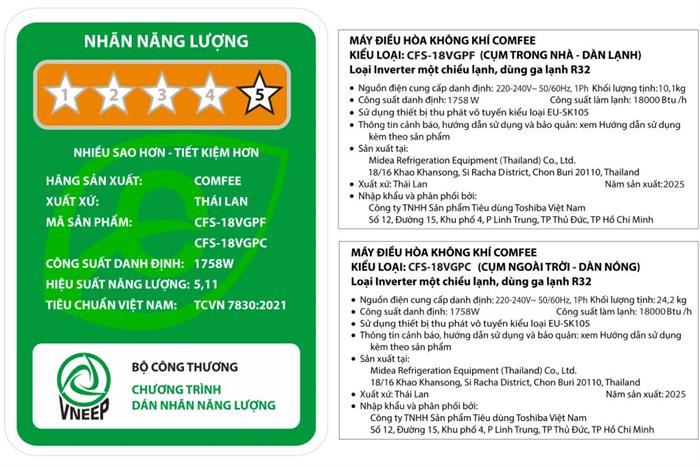 Điều hoà Comfee Inverter 18000 BTU 1 chiều CFS-18VGPF